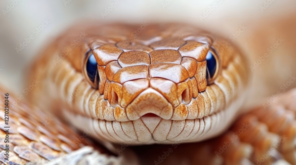 Close-up of a snake showcasing its scales and striking blue eyes. Close-up of a snake showcasing its scales and striking blue eyes.