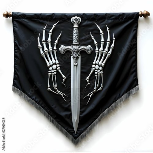 Necromancer’s Oath – A black flag embroidered with skeletal hands gripping an ornate dagger photo