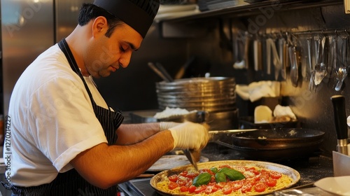 Chef Preparing Delicious Pizza in a Restaurant Kitchen photo