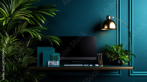 Elegant Workspace With Dark Blue Wall And Golden Accents With Green Plants