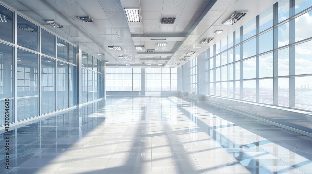 Modern office interior with large windows and bright lighting Modern office interior with large windows and bright lighting