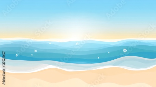 Serene Beach Illustration: Gentle Waves, Sandy Shore, and Clear Blue Sky