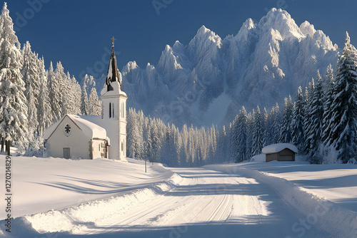 Picturesque snowy landscape featuring a charming church nestled amongst snow-covered pines, with majestic snow-capped mountains forming a stunning backdrop.