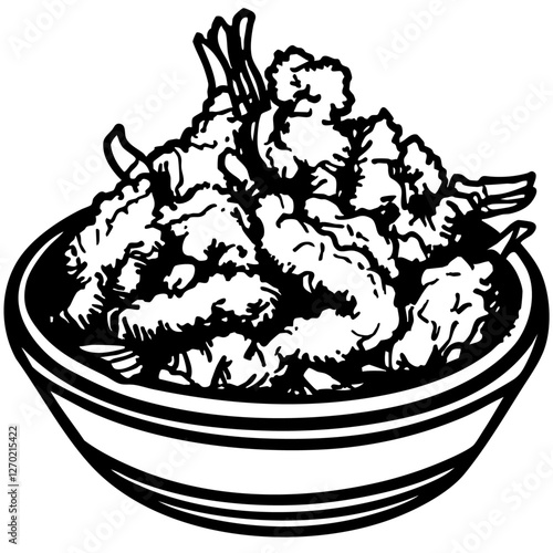 tempura, Minimalist Food Sketches: Classic Black and White Vector Illustrations, isolated, No background