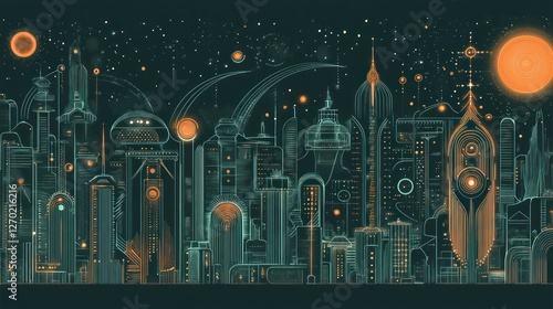 Futuristic city skyline, night, space, art, concept