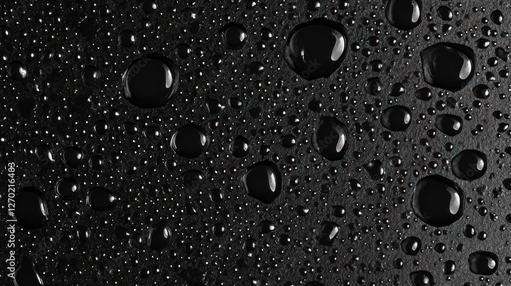 Close-up of water droplets on a black surface, showcasing texture and reflections. Close-up of water droplets on a black surface, showcasing texture and reflections.