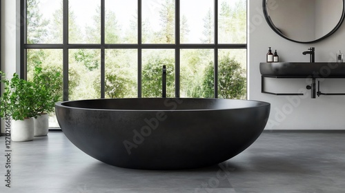 Modern black bathtub, forest view, luxury bathroom, relaxation