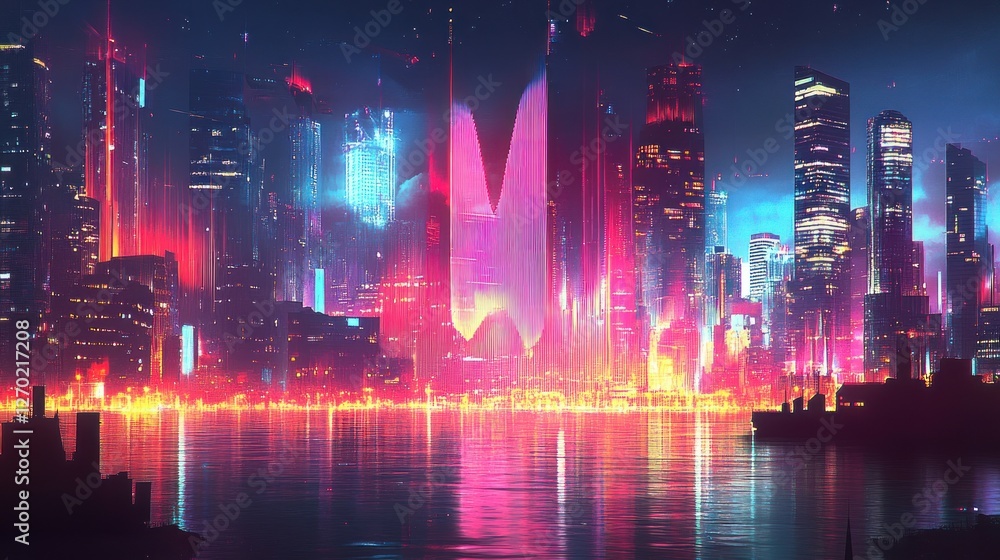 Fototapeta premium Neon Cityscape Night Reflection