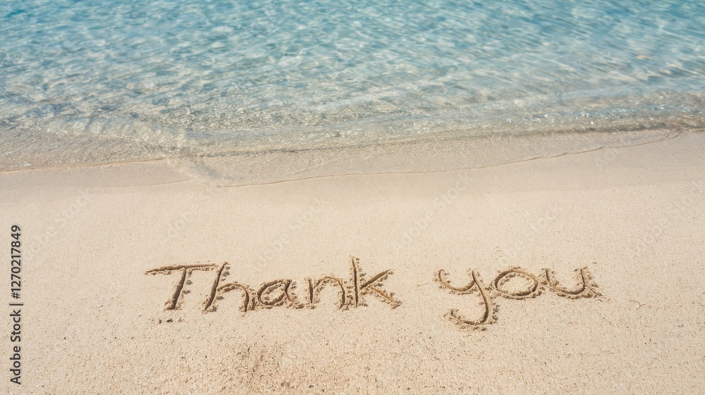 Fototapeta premium Thank you is written in the sand near water