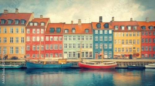 Colorful waterfront buildings with boats in a serene harbor setting.