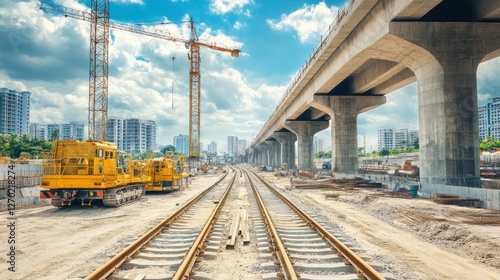 Construction site with railway tracks and cranes under a blue sky.