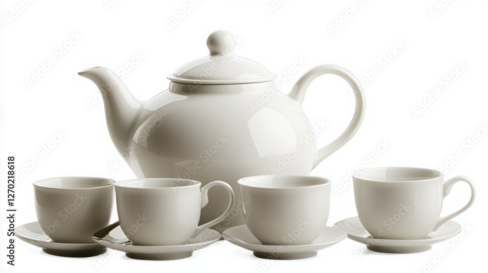A pristine white teapot and four teacups sit on a white background, ready for a relaxing afternoon tea. A pristine white teapot and four teacups sit on a white background, ready for a relaxing afternoon tea.