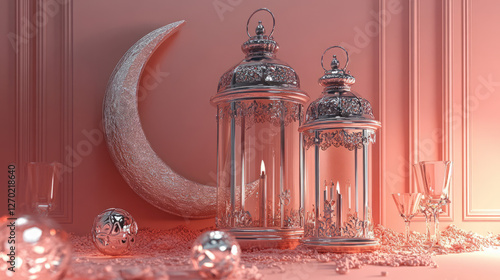 Wallpaper Mural silver ornate ramadan eid lanterns on pink background with crescent moon festive mood board tabletop decor elegant islamic seasonal decorations and lighting imagery Torontodigital.ca