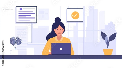 Young woman working on a laptop in a modern office illustration
