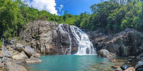 Fototapeta Naklejka Na Ścianę i Meble -  Banyumala: Twin Jungle Waterfall Cascade with Turquoise Blue Pond