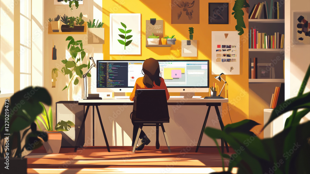 modern workspace showcasing freelancer at desk with plants, bright colors, and computer screens. atmosphere is creative and inspiring modern workspace showcasing freelancer at desk with plants, bright colors, and computer screens. atmosphere is creative and inspiring