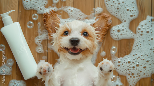 Playful dog enjoying a foamy bath on wooden floor with pet shampoo