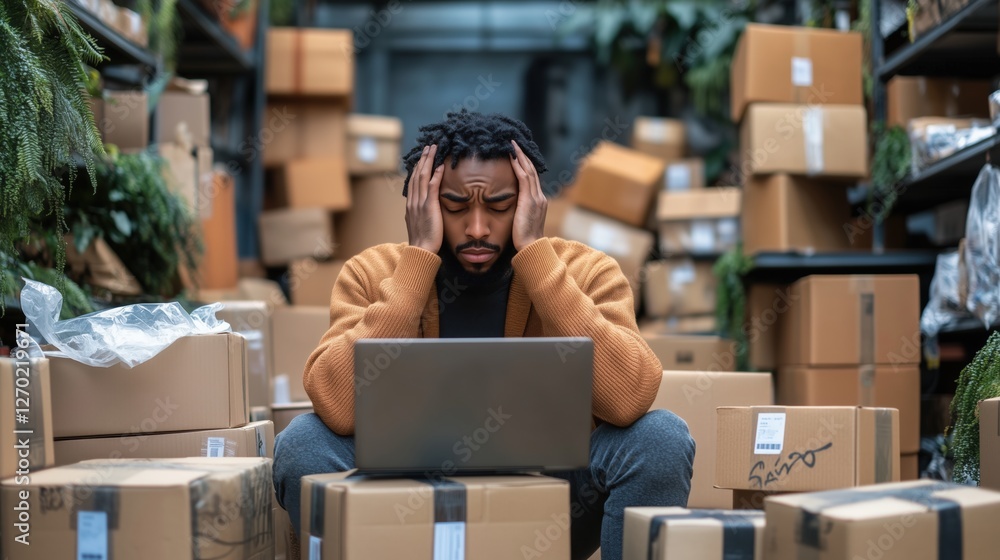 Overwhelmed entrepreneur struggling with e-commerce logistics in warehouse Overwhelmed entrepreneur struggling with e-commerce logistics in warehouse