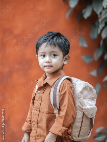 Adorable Toddler with Backpack Against a Rustic Orange Wall photo