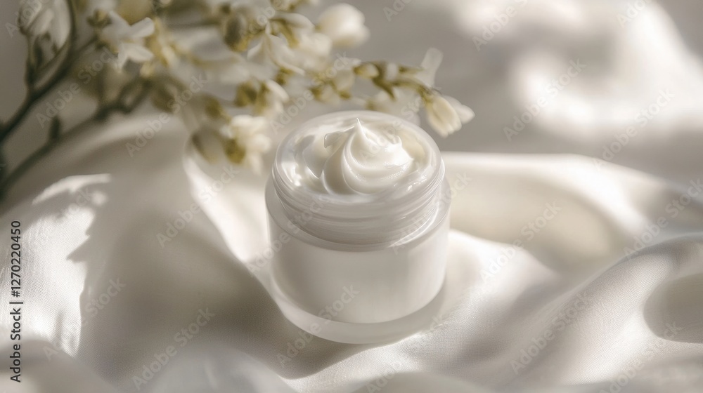 Fresh Skincare Cream in Elegant Jar with Floral Accents and Fabric