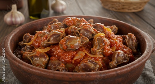 Delicious stewed chicken gizzards in rich tomato based sauce
