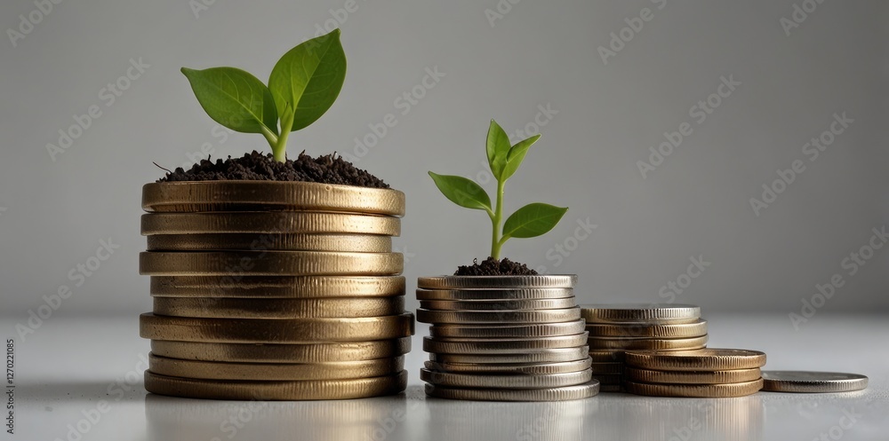 Stack of coins with a sprouting plant on top, representing financial growth, isolated on a transparent background.