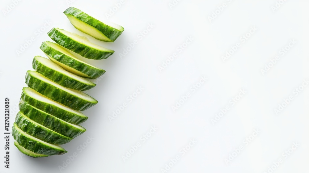 Obraz premium Sliced Cucumber on White Background: Fresh, Green, Healthy