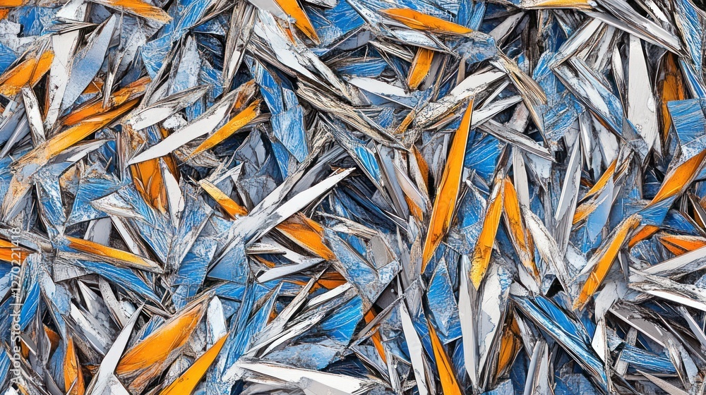 Abstract mosaic of metallic shards in blue, white, and orange colors Abstract mosaic of metallic shards in blue, white, and orange colors