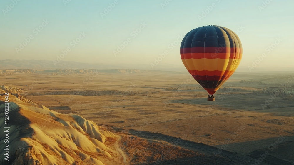 Obraz premium A vibrant hot air balloon glides serenely over a vast, sun-kissed landscape. The warm hues of the balloon contrast beautifully with the earthy tones of the terrain below.