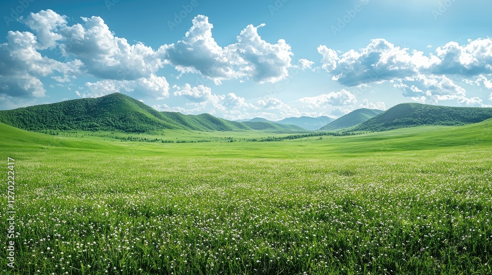 Lush Green Meadow with Rolling Hills Under a Bright Blue Sky and Fluffy Clouds in the Background Lush Green Meadow with Rolling Hills Under a Bright Blue Sky and Fluffy Clouds in the Background