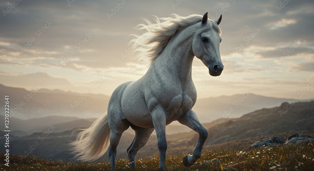 Obraz premium Magnificent white horse galloping gracefully in a mountainous landscape