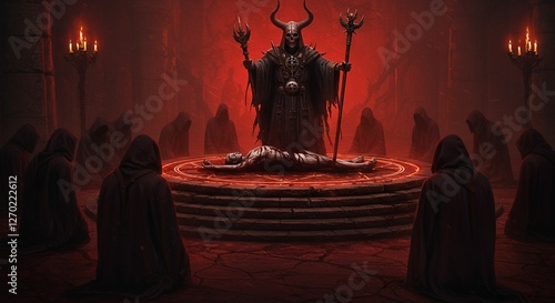 Dark ritual scene shows a demon and hooded figures