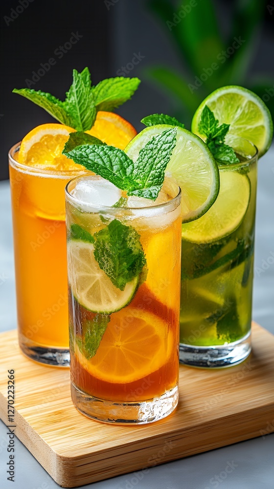Refreshing citrus and mint iced tea variations: vibrant summer drinks garnished with fresh citrus and mint Refreshing citrus and mint iced tea variations: vibrant summer drinks garnished with fresh citrus and mint