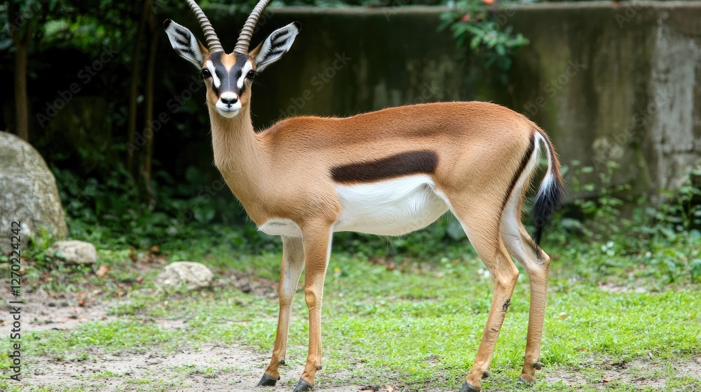 A graceful antelope stands in a lush green habitat, showcasing its unique markings and posture A graceful antelope stands in a lush green habitat, showcasing its unique markings and posture