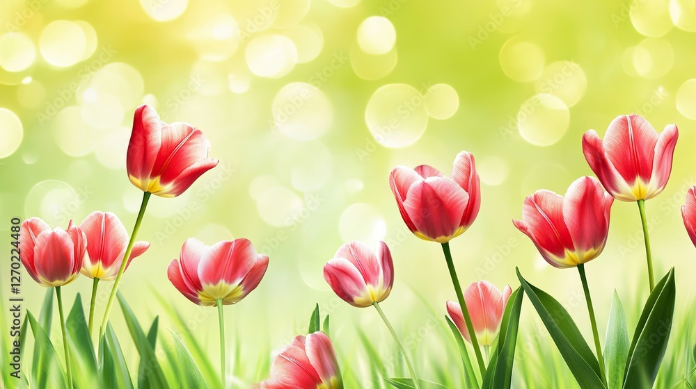Vibrant Red Tulips in Bloom with Delicate Petals and Bright Colors, Natural Sunlight, Sharp Focus on One Flower, Soft Green Background Bokeh Effect Vibrant Red Tulips in Bloom with Delicate Petals and Bright Colors, Natural Sunlight, Sharp Focus on One Flower, Soft Green Background Bokeh Effect