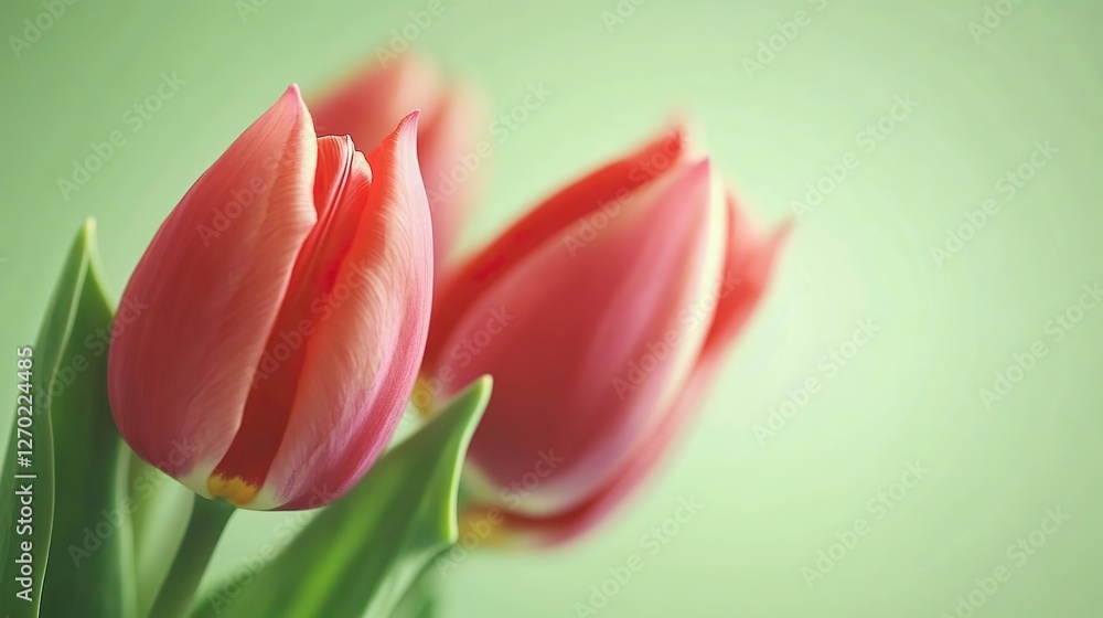 Vibrant Red Tulips in Bloom with Delicate Petals and Bright Colors, Natural Sunlight, Sharp Focus on One Flower, Soft Green Background Bokeh Effect Vibrant Red Tulips in Bloom with Delicate Petals and Bright Colors, Natural Sunlight, Sharp Focus on One Flower, Soft Green Background Bokeh Effect