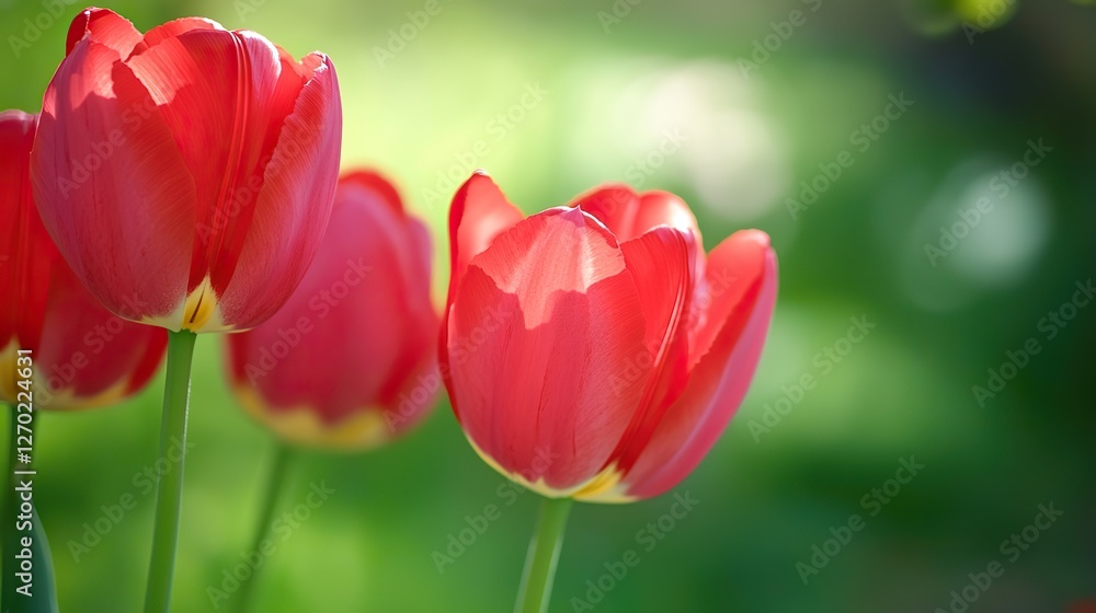 Vibrant Red Tulips in Bloom with Delicate Petals and Bright Colors, Natural Sunlight, Sharp Focus on One Flower, Soft Green Background Bokeh Effect Vibrant Red Tulips in Bloom with Delicate Petals and Bright Colors, Natural Sunlight, Sharp Focus on One Flower, Soft Green Background Bokeh Effect
