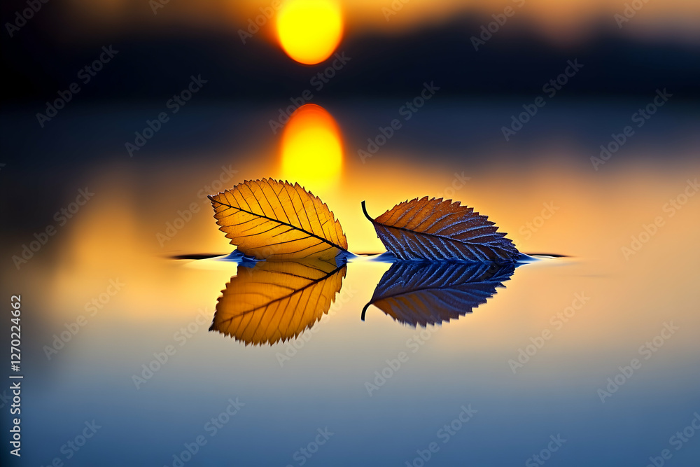 Obraz premium Serene sunset scene featuring two autumn leaves delicately floating on calm water, their reflections mirroring the golden hour light.