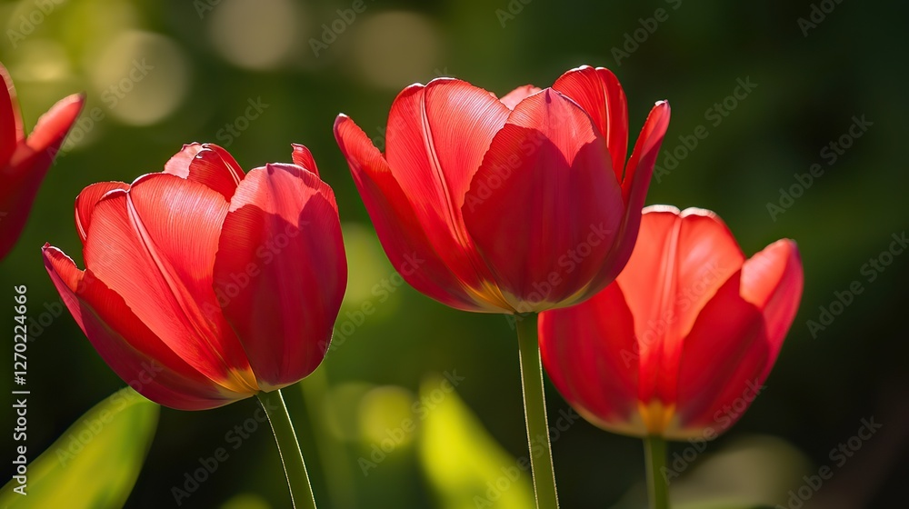 Fototapeta premium Vibrant Red Tulips in Bloom with Delicate Petals and Bright Colors, Natural Sunlight, Sharp Focus on One Flower, Soft Green Background Bokeh Effect