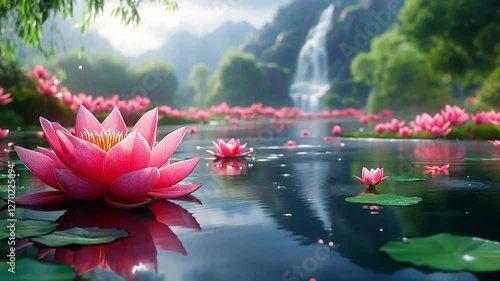 beautiful view of lotus flowers in the lake with a mountain backdrop and waterfall footage