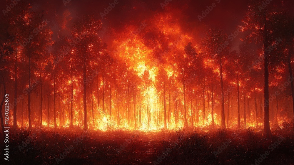 Fototapeta premium Intense Forest Fire Illuminates Wild Landscape at Nighttime