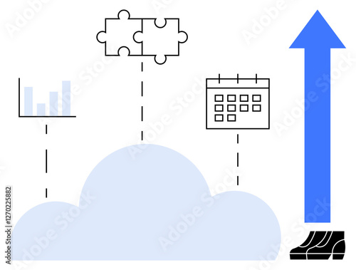 Cloud connects bar graph, puzzle pieces, calendar, and upward arrow. Ideal for digital work, teamwork, productivity, planning growth integration strategic planning. Abstract line flat metaphor