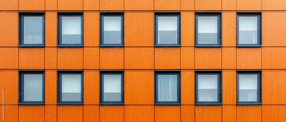 Fototapeta premium Sustainable Buildings Concepts. Bright orange building facade with aligned windows and modern design.