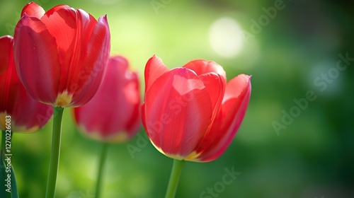 Vibrant Red Tulips in Bloom with Delicate Petals and Bright Colors, Natural Sunlight, Sharp Focus on One Flower, Soft Green Background Bokeh Effect
