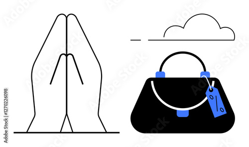 Hands in prayer beside a handbag with tag under a cloud. Ideal for themes thumbs up spirituality, materialism, duality, contrast, minimalism, balance, consumerism. Simple abstract line flat metaphor