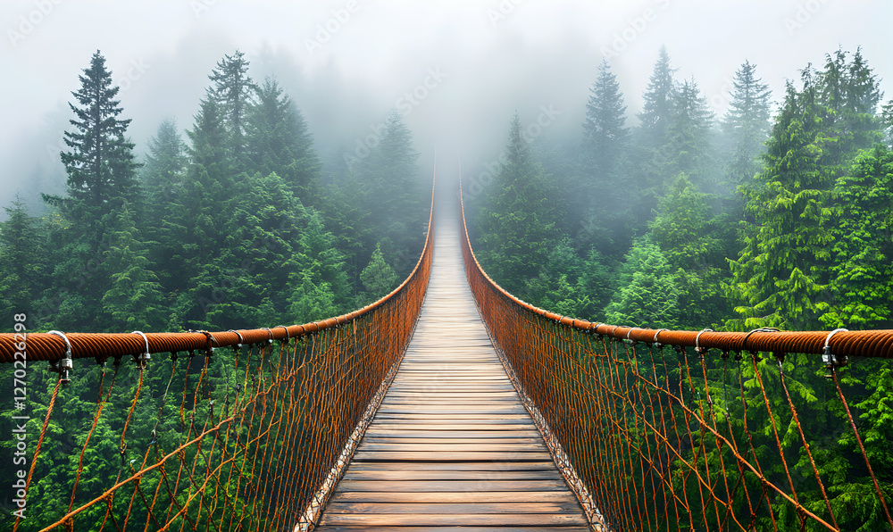 Fototapeta premium Misty forest suspension bridge, wooden walkway, adventure, travel, nature, journey, path, scenic view, tranquil, serene.