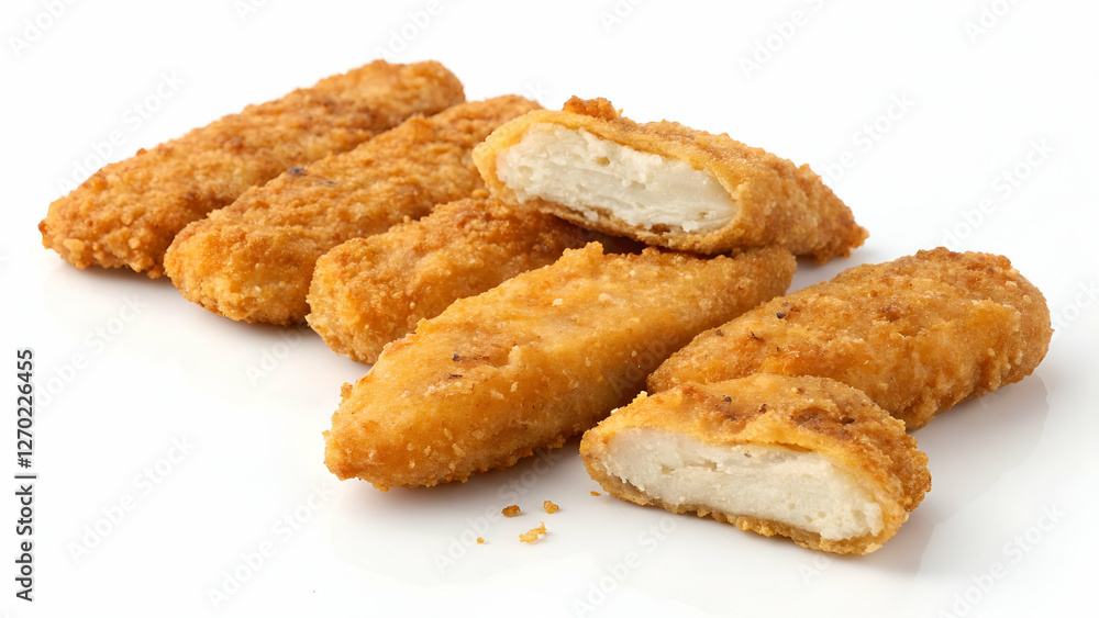 Crispy chicken goujons isolated on a white background. Crispy chicken goujons isolated on a white background.