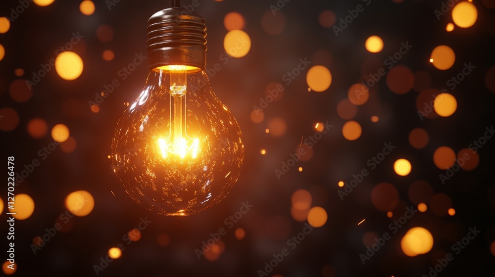 A glowing light bulb hangs against a dark background speckled with warm bokeh lights. T A glowing light bulb hangs against a dark background speckled with warm bokeh lights. T