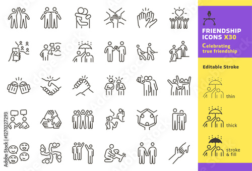 Friendship and social connections icon set. Thin line editable stroke icons for relationships, teamwork, networking, community, communication, friend interactions and mutual support