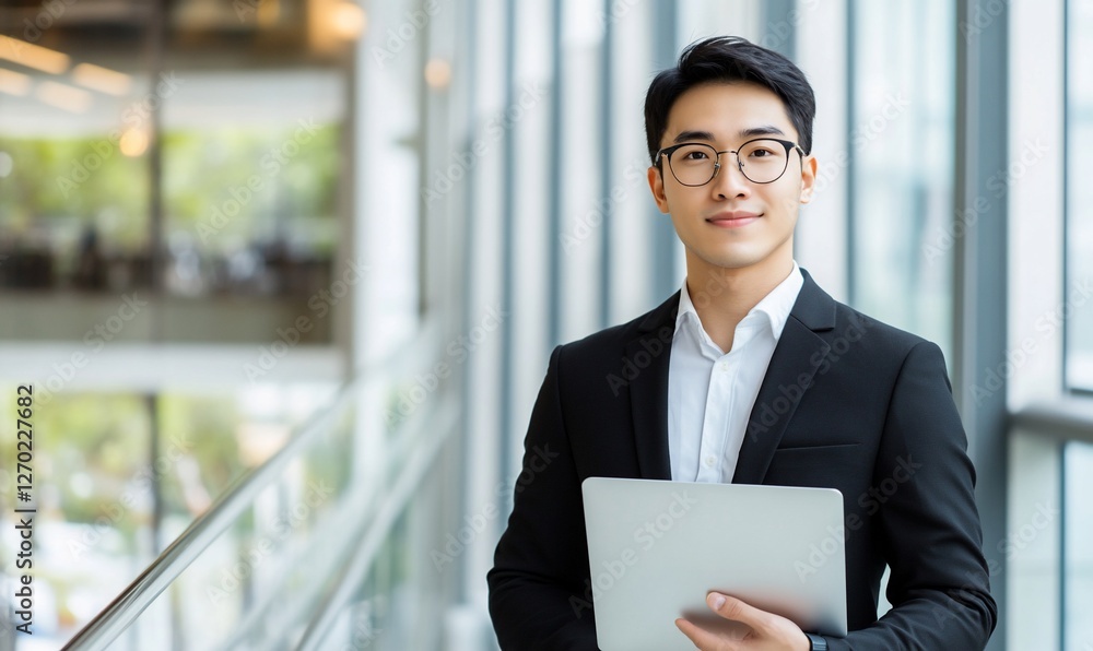 Businessman holding laptop in office hallway Businessman holding laptop in office hallway